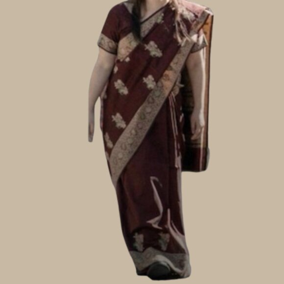 Maroon Purple Eggplant Silk Saree Rose Embroidered Floral Border Wedding - Picture 8 of 15